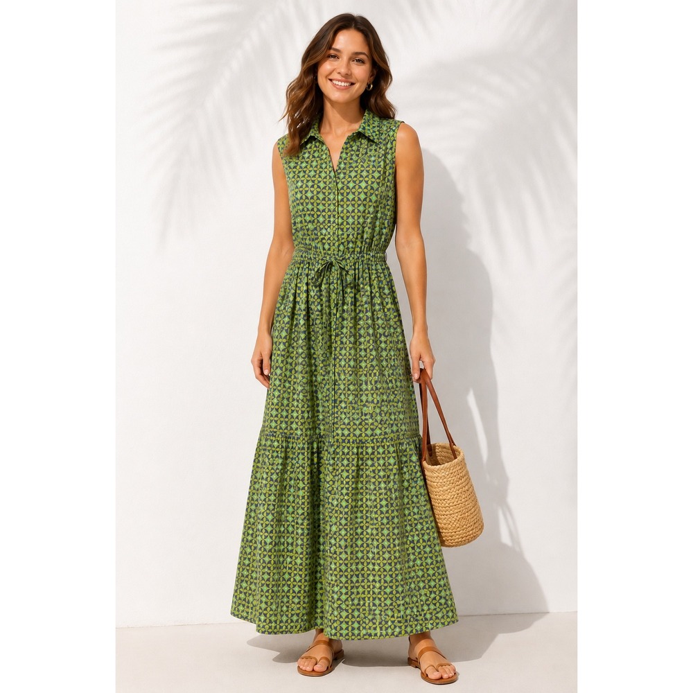 KHAADI Geometric Print‎ Maxi Dress Womens M Green Sleeveless Tiered Resortwear